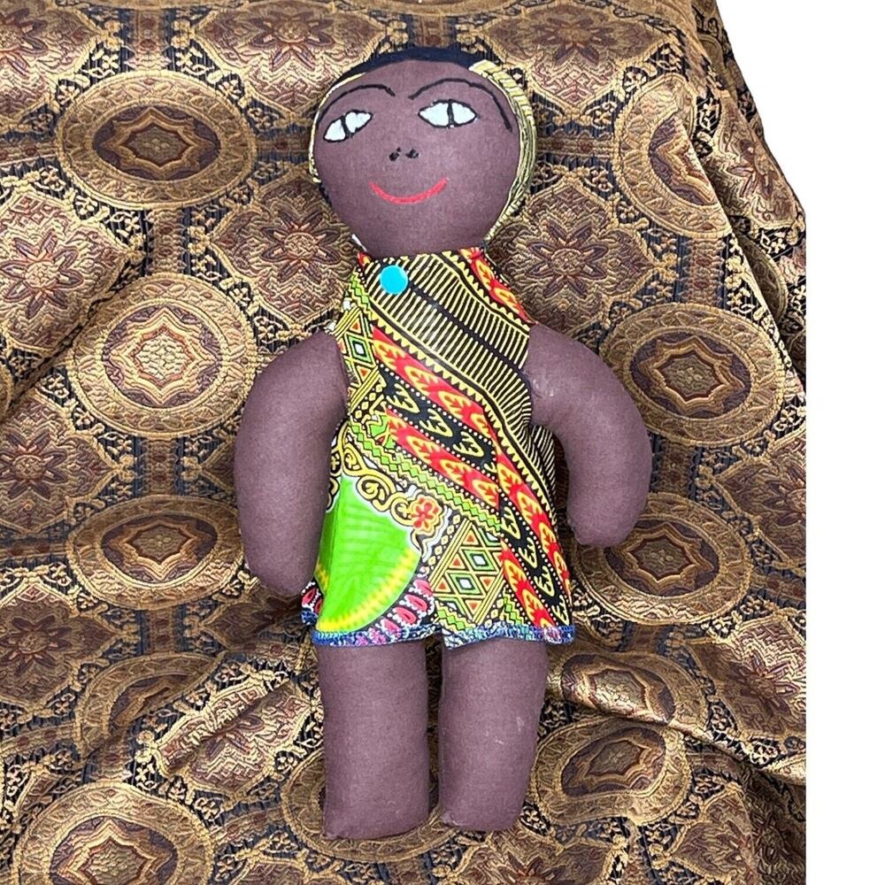 Black African Handmade Cloth Folk Rag Doll Stitched Eyes Headscarf Brand‎ New